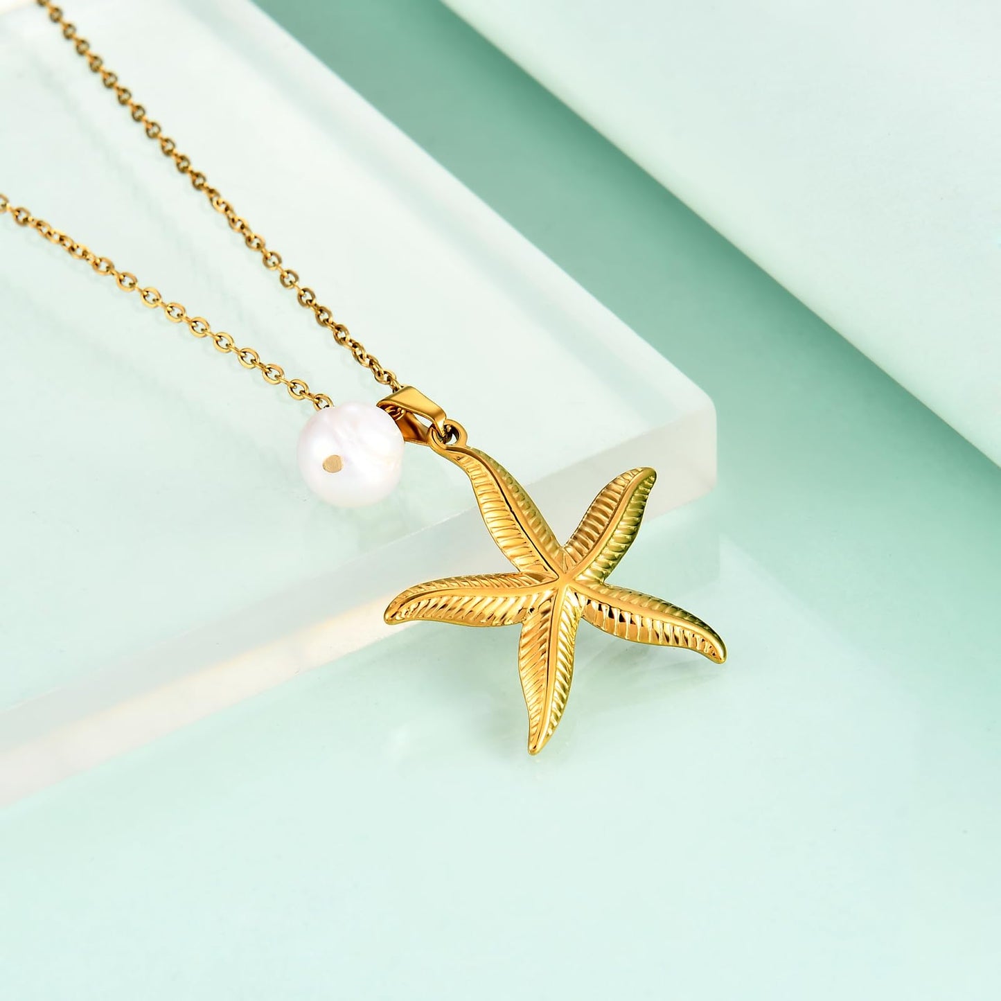 Gold Plated Coastal Starfish and Pearl Necklace for Women,Hypoallergenic Ocean Theme Beach Jewelry