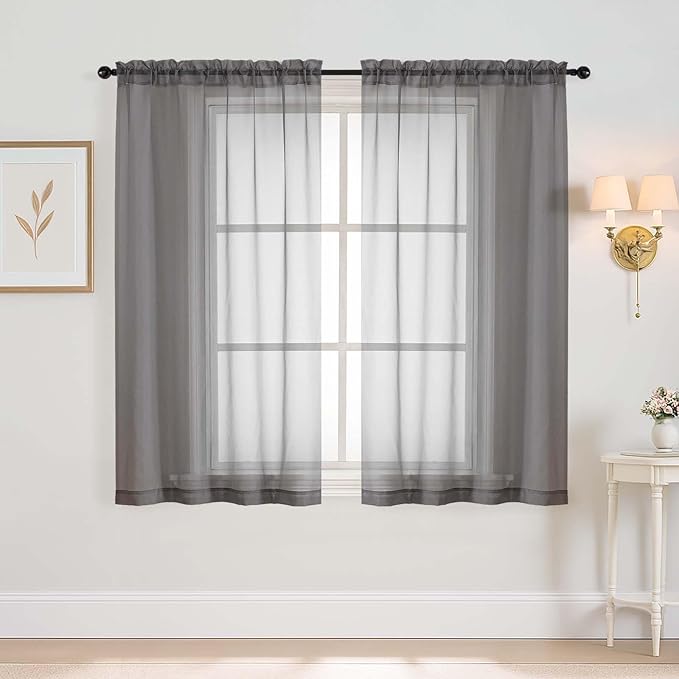 Grey Window Sheer Curtains 45 Inches Length, Voile Short Curtains for Living Room Bedroom, Modern Window Drapes 2 Panels, Top Dual Rod Pocket Design, Charcoal Grey, 2x42Wx45L Inches