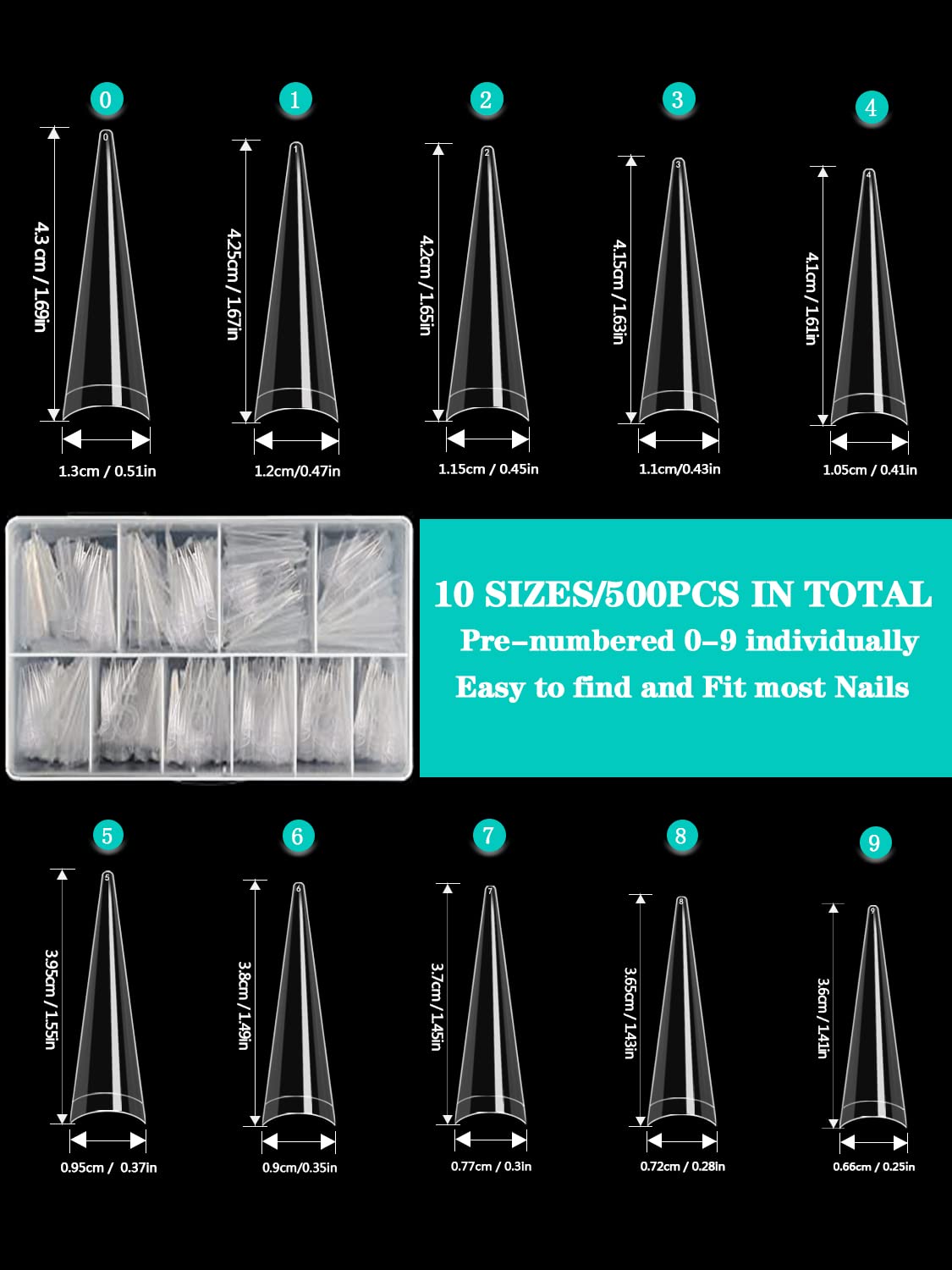 500pcs XXL Stiletto Nail Tips, Clear Half Cover Stiletto Nail Tips for Acrylic Nails, 10 Sizes False Nail Tips for Nail Extension with Box