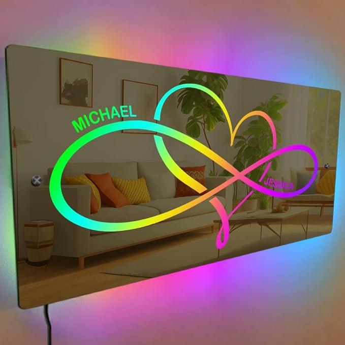 Custom Infinity Love LED Light - Couple Name Light Up Sign - Personalized LED Sign - Custom Mirror with Name - LED Mirror for Bedroom, Couple Gifts
