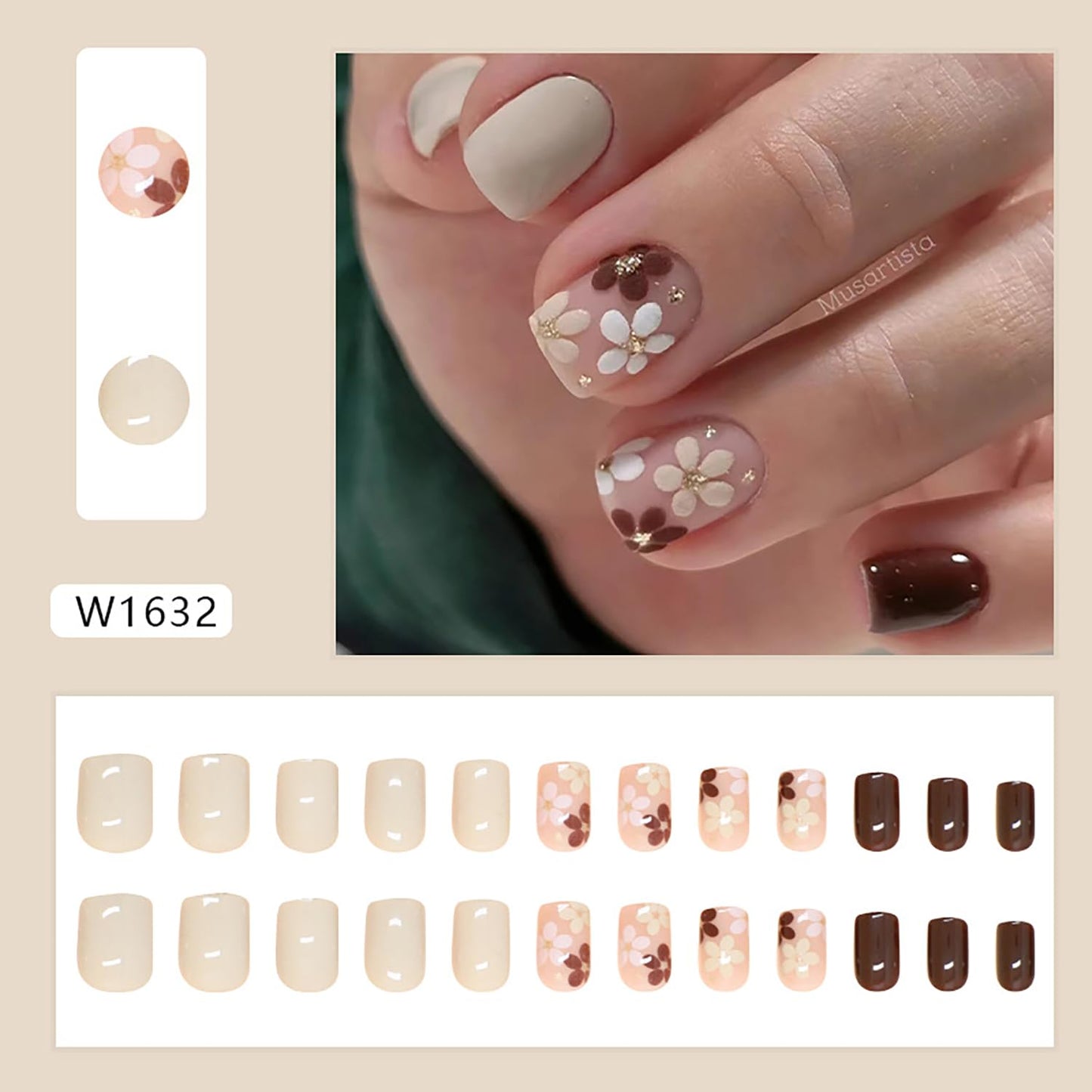 Flower Press Short Square False Nails - Light Brown Full Cover Glossy Acrylic Artificial Stick-On Nails - Solid Color Reusable Glue-On Manicure Kit for Women
