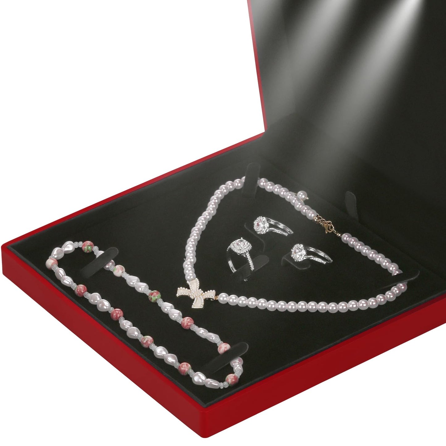 LETURE Large Velvet Jewelry Set Gift Box, Necklace Box With LED Light, Elegant Velvet Gift Box For Bracelet Necklace Earring Ring (Red)