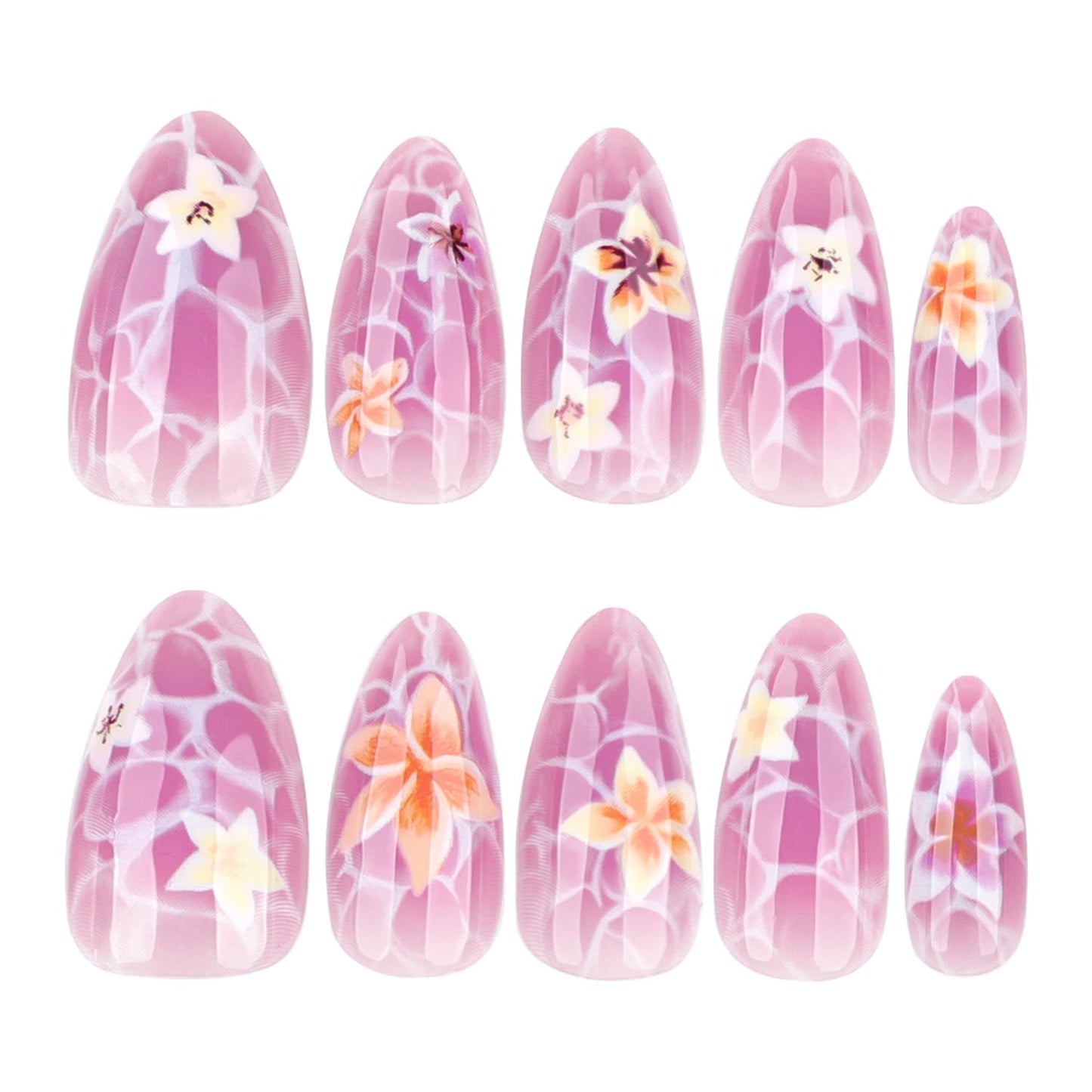24Pcs Flower Press on Nails Medium Almond Fake Nails Marble Pattern Cute Floral Nail Art False Nails Short Almond-shaped Full Cover Reusable Artificial Nails Handmade False Nails for Women