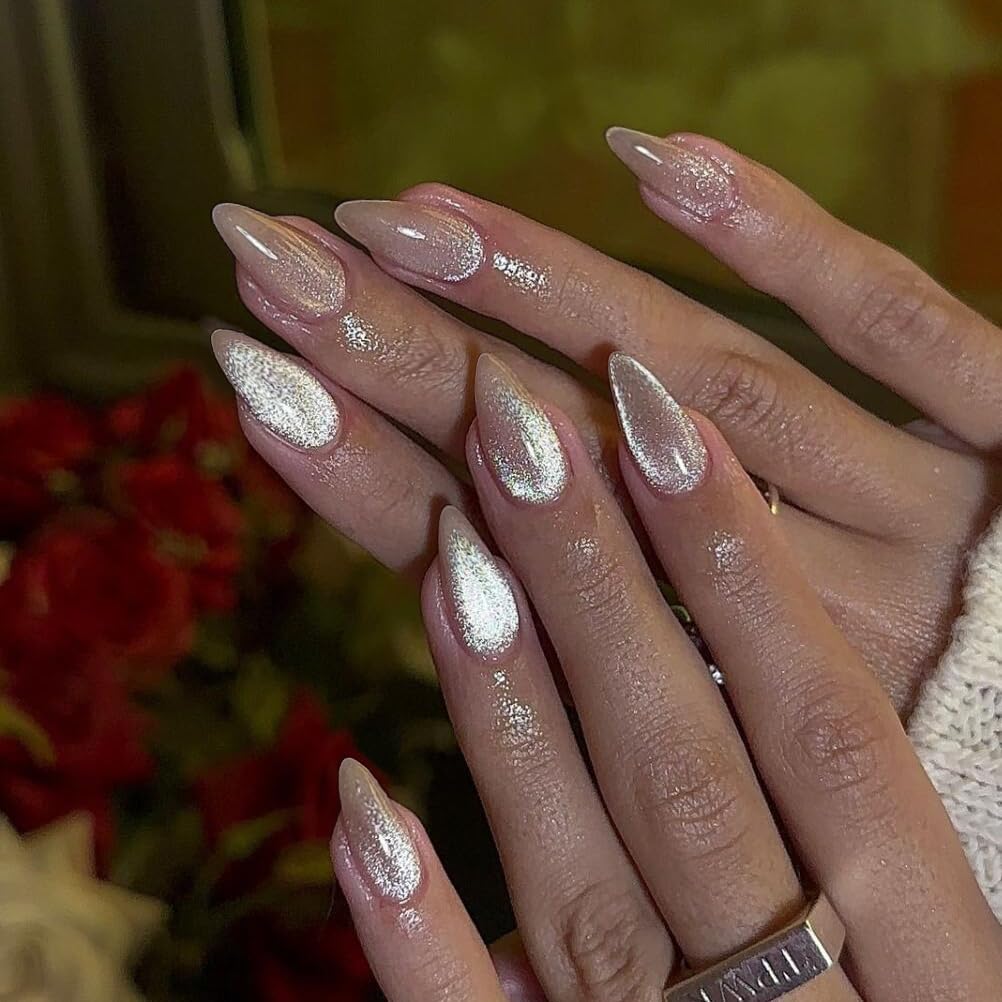 KQueenest Glitter Cat Eye Press on Nails Medium Short Almond, 30 Pcs Thick Cute Acrylic Nails Press on, Gel Fake Nails Short with UV Coating, Reusable Glue on Nails for Women Small Hand, Nude Sparkle
