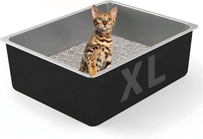 Stainless Steel Cat Litter Box, Metal High Sided Kitty Large Litter Box Pan,Non-Sticky, Easy to Clean, Pet Toilet Supplies for Kitten, Rabbit (Silver, 17.7" x13.8" x6")