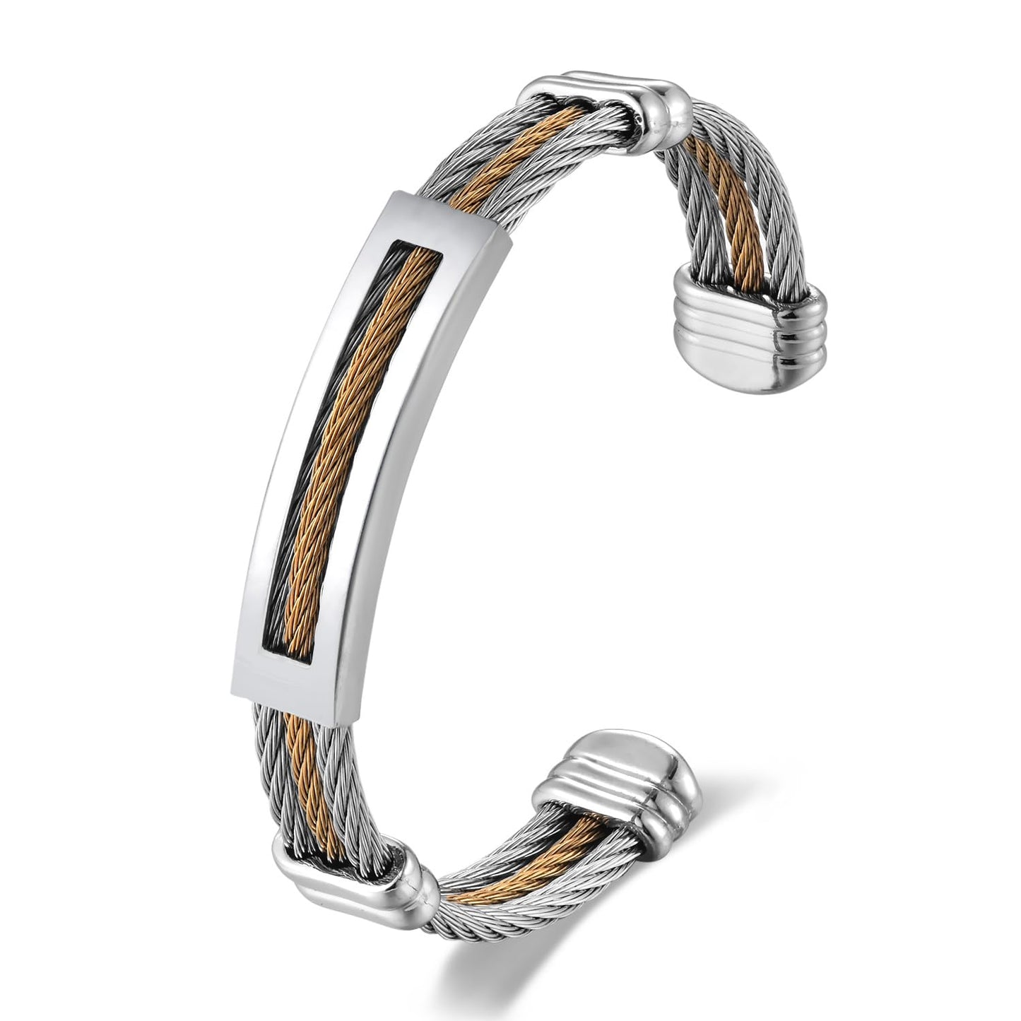 BIYONGDE Mens Stainless Steel Twisted Cable Cuff Bracelet, Open Bangle Bracelet for Unisex, Classic and Urban Style (Gold and Silver)
