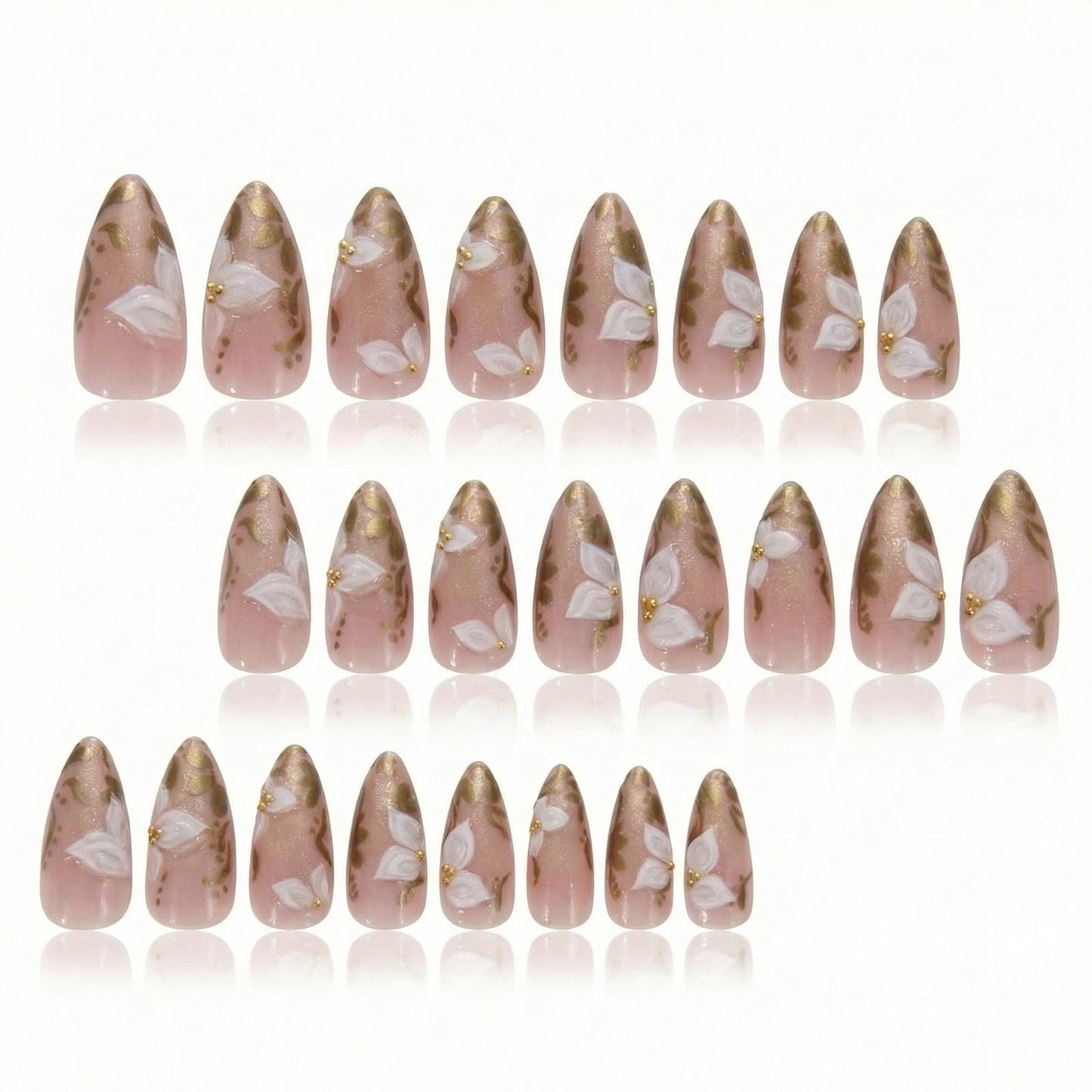 IMRAIN Almond Press on Nails, Medium Fake Nails, Cat Eye 3D White Flower Gold Leaf Design, 24 Pcs Reusable Glue on Nails for Women, Salon Quality