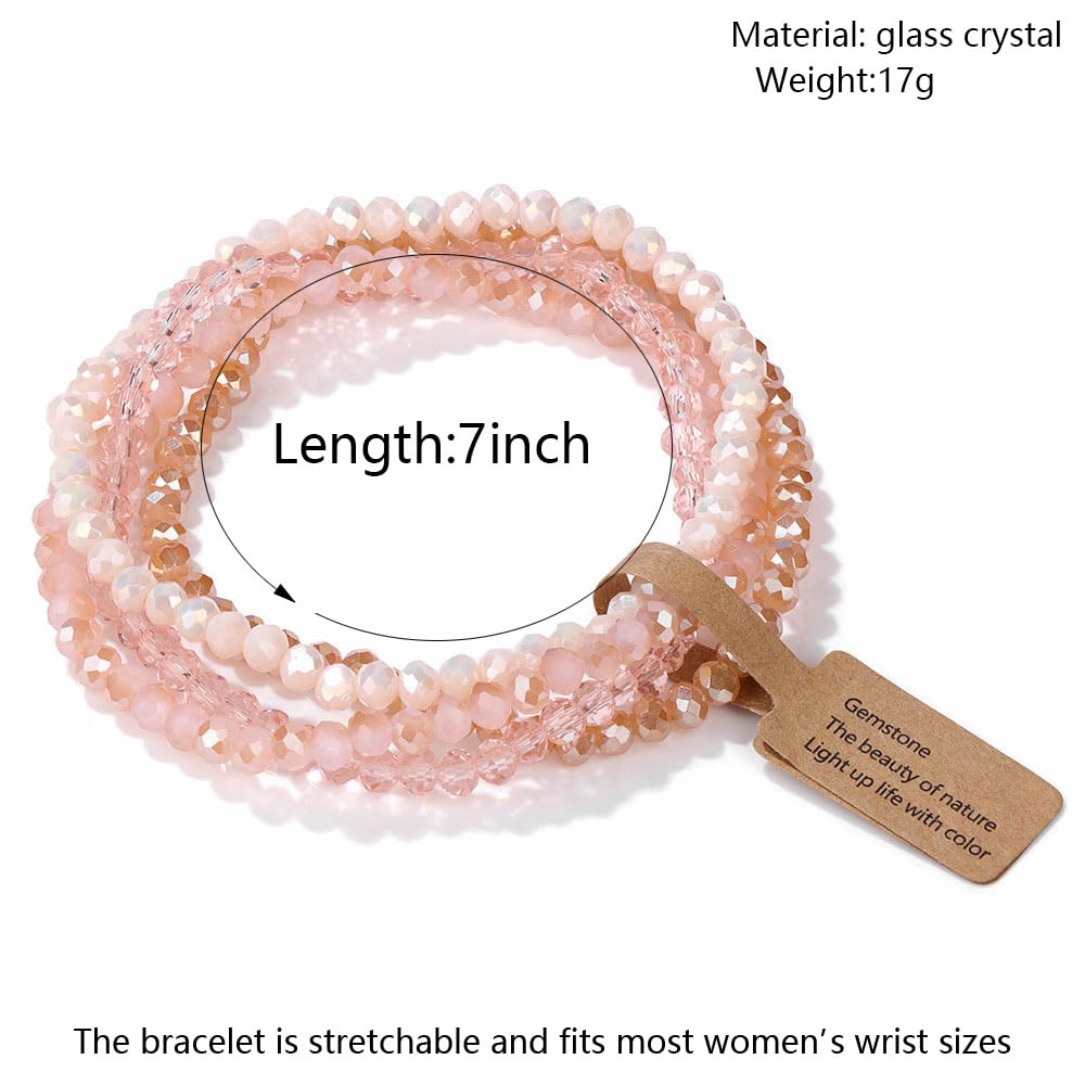 Lubrifico Boho Crystal Bracelet Set of 4pcs/set,4mm Beads Stackable Layering Stretch Bracelets for Women, Friendship Gifts(pink)