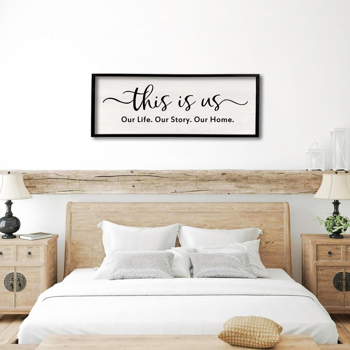 This is us Wall Decor Sign 32'' x 12'' Large Master Bedroom Home Life Story Wood Framed Vintage Family Sign Rustic Plaque Living Room Minimalist Farmhouse Hanging Wall Art (Black)