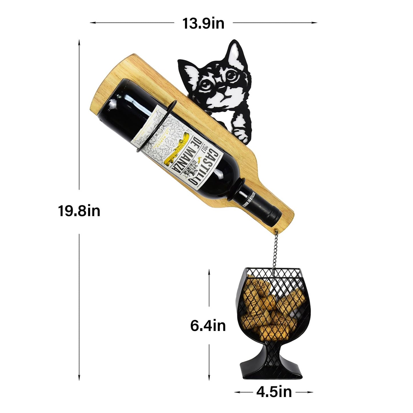 Drincarier cat Wine Rack Wall Mounted with Cork Holder, Hold 1 Bottle and Some Corks, Creative Metal & Wood Wall Wine Rack with Wine Cork Holder (Black)