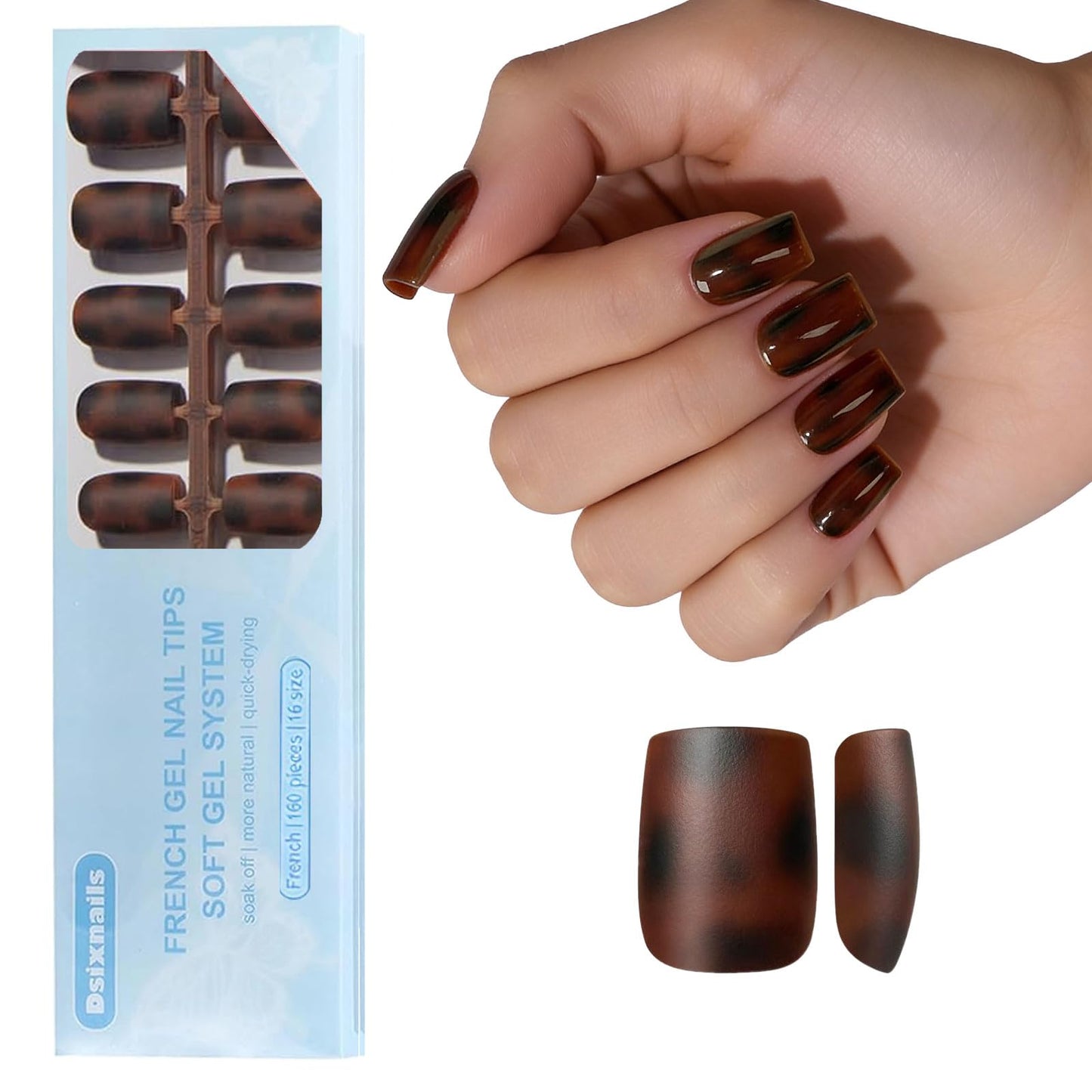 Dsixnails 160Pcs Tortoiseshell Short Square Press on Nails, Soft Gel Nail Tips 16Sizes, Long Lasting Reusable Fake Nails, Salon Quality Soak Off False Nail Tips for Women Girl Festival Gift