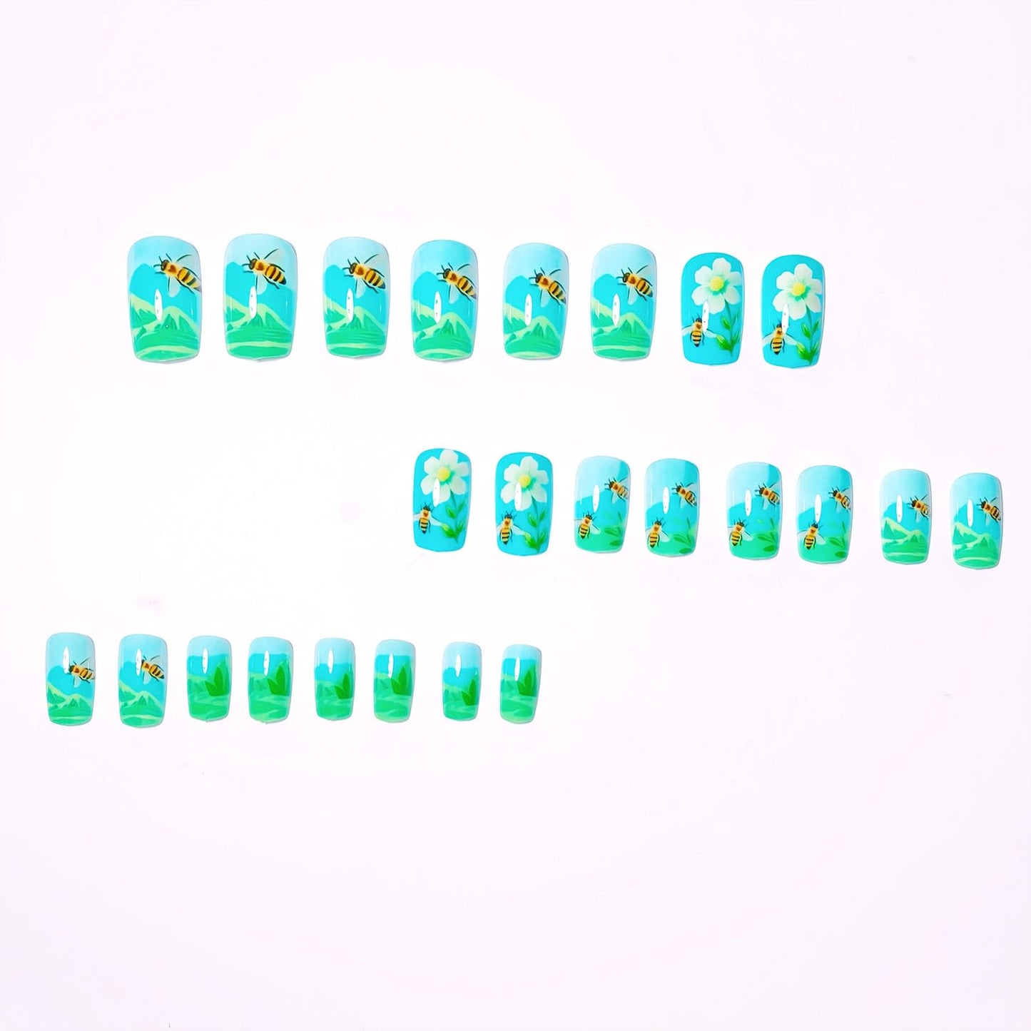Summer Press on Nails Medium Square Fake Nails with White Flower Green Leaves Designs Glossy Nails Press ons Spring Blue Glue on Nails Acrylic Artificial Stick on Nails for Women 24Pcs