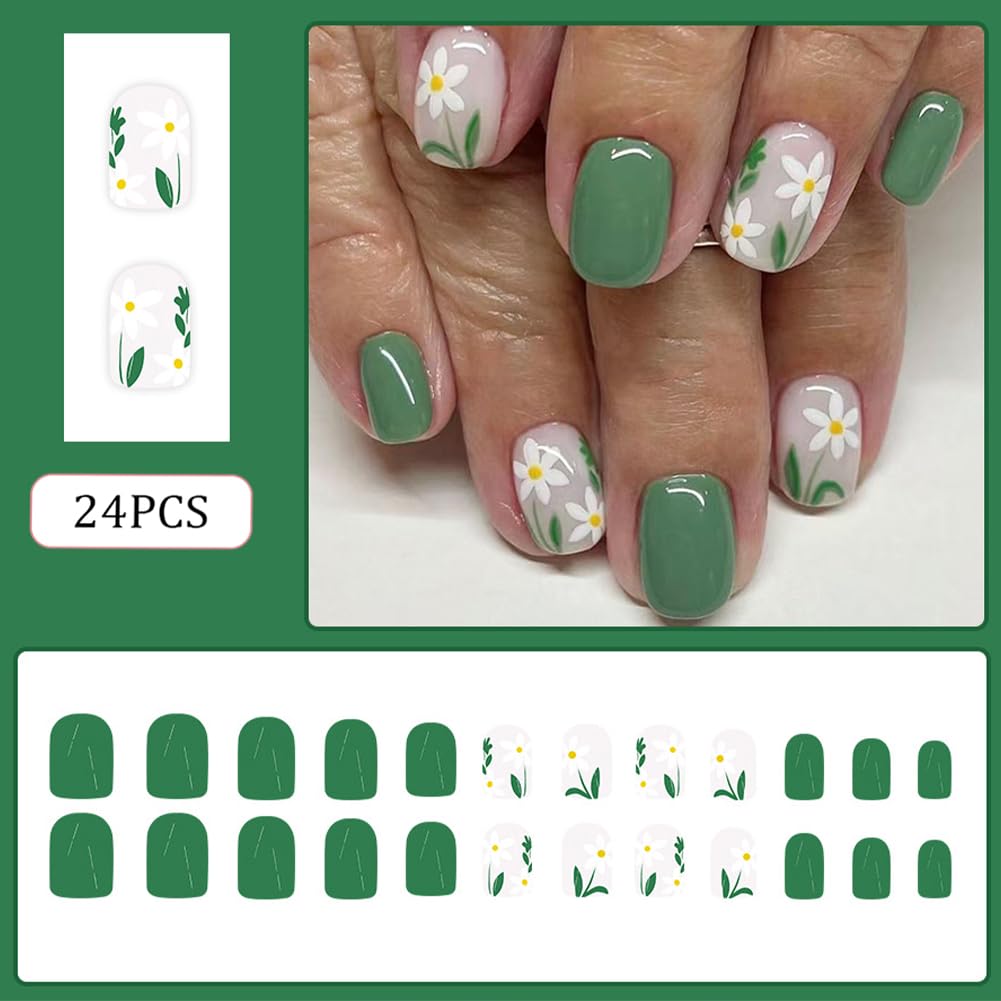 RUPOFUZA Press on Nails Square Short Green Fake False Nails with Lovely White Flowers Design Stick on Nail Full Cover Acrylic Artificial Extra Short Glue on Nail for Women 24Pcs