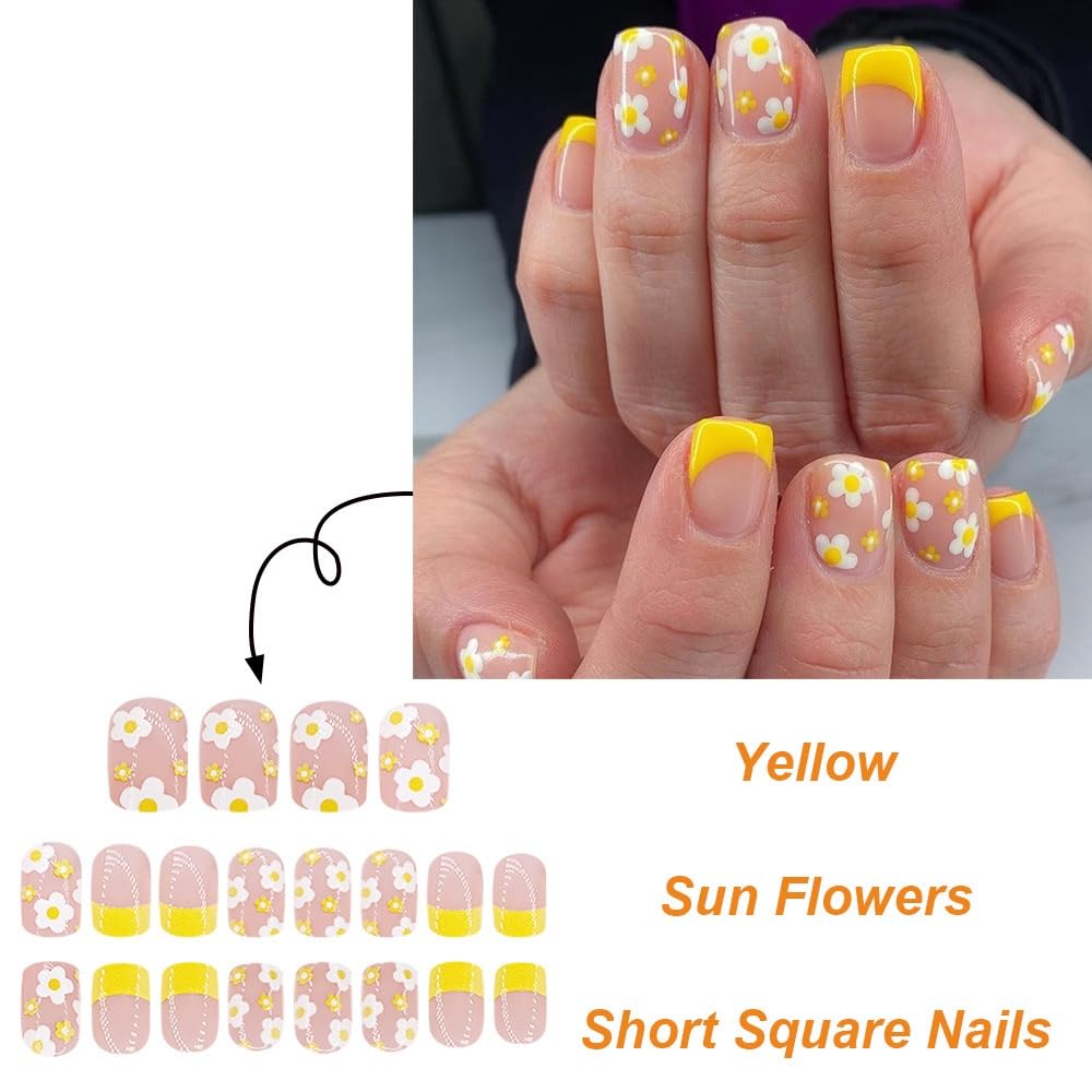 French Tip Press On Nails Short Square Fake Nails Spring False Nails With Flower Design Summer Press Ons Acrylic Full Cover Glue On Nail Stick On Nail For Women Manicure 24pcs