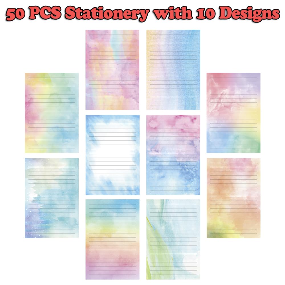 AUSTARK 160 Pieces Stationery Set (50 Pieces Lined Stationery Paper 8.25 x 5.5 Inch, 50 Pieces Envelopes, 60 Sealed Stickers) for Letter Writing (Watercolor)