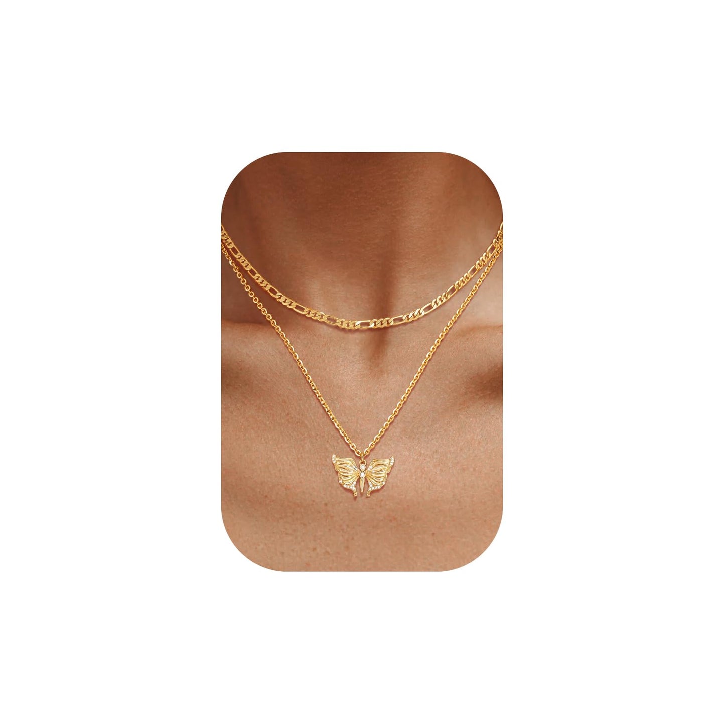 MEVECCO Gold Butterfly Layered Necklace for Women 18K Gold Plated Dainty CZ Charm Figaro Choker Chain Double Layer Pendant Necklace Stack Minimalist Handmade Layering Jewelry Set Gift