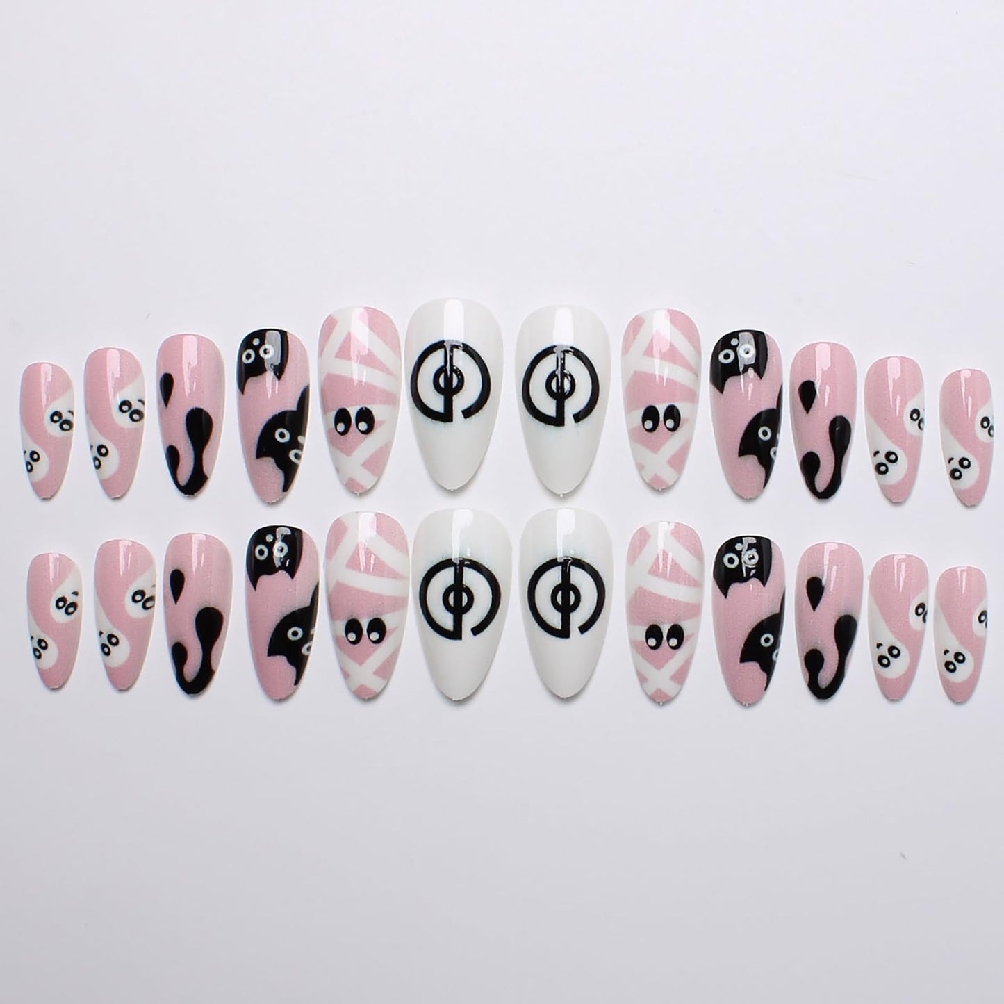 24Pcs Short Almond Press on Nails Halloween Fake Nails with Black Cat Ghost Mummy Design Cute Halloween False Nails Cute Full Cover Nails Press ons Reusable Stick on Nail for Women Artificial Nail