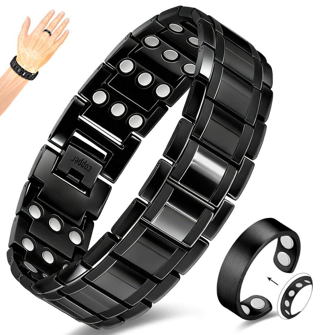 Vicmag Copper Magnetic Bracelet for Men, 3X Strength Magnets, Pure Copper Bracelet & 9X Magnet Ring Set, Adjustable Fit with Sizing Tool(Classic Black)