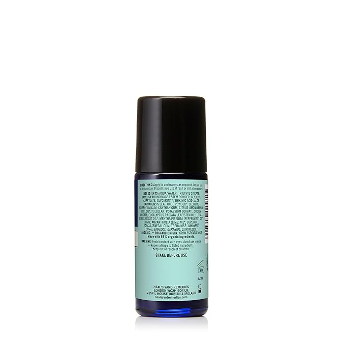 Neal's Yard Roll on Deodorant, 24-Hour Odor Guard, Moisture-Absorbing Bamboo Powder & Cleansing Shikimic Acid, Aluminum-Free, Peppermint & Lime, 50mL