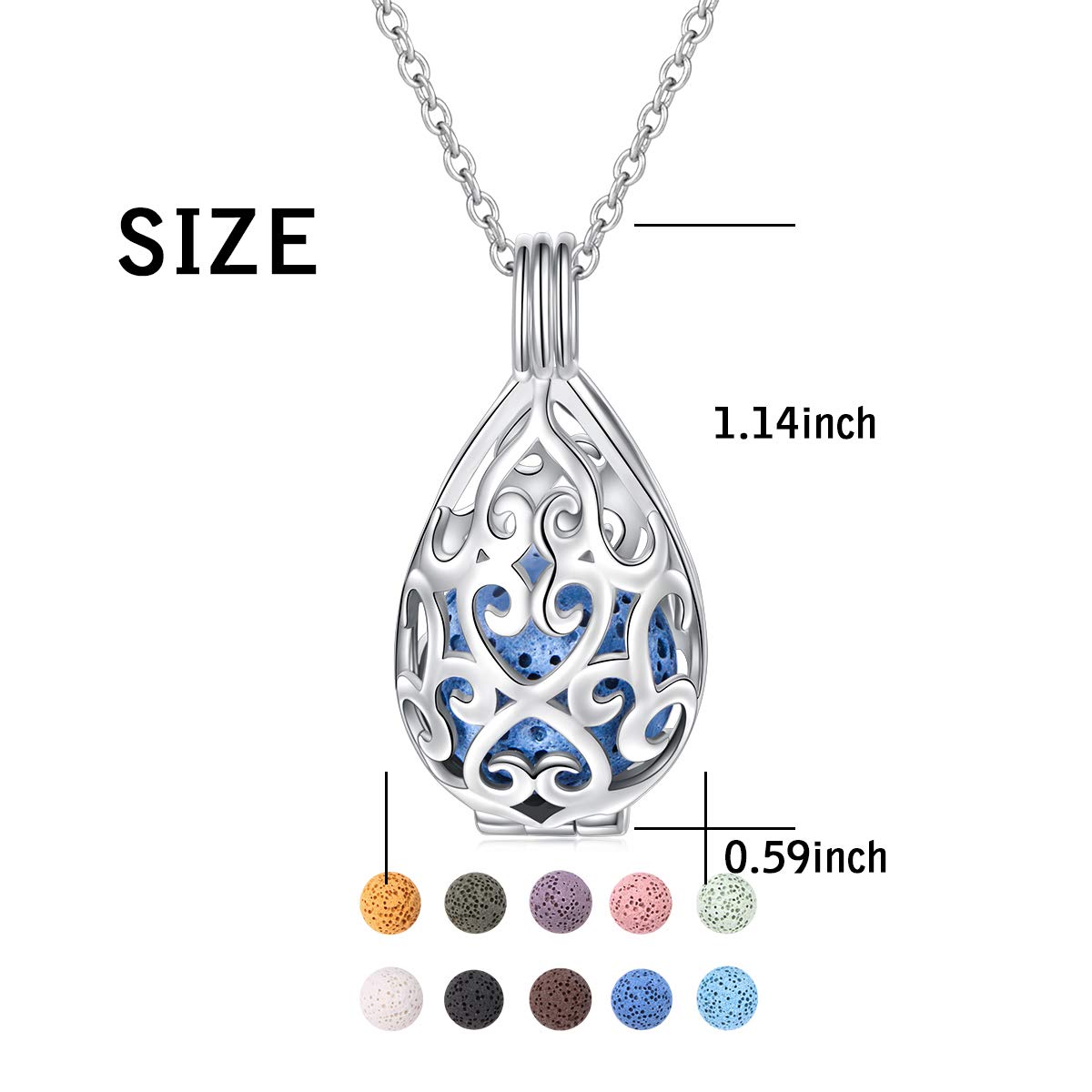 DAOCHONG S925 Sterling Silver Aromatherapy Essential Oil Diffuser Necklace Teardrop Locket Perfume Pendant Necklace Jewelry 18+2 inches Adjustable Chain with 10 PCS Stones