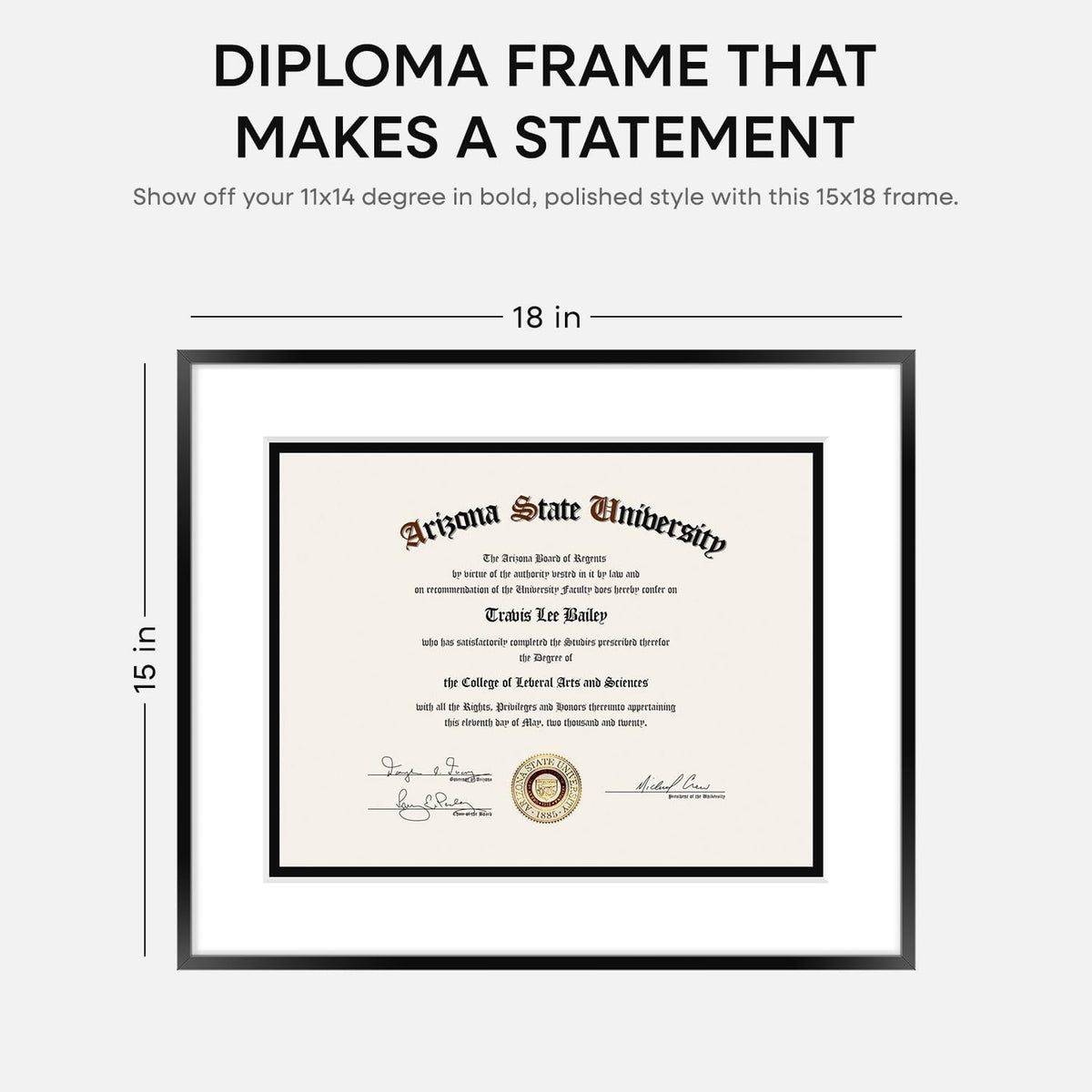 Homeforia 15x18 Diploma Frame Black, High End Metal 15 x 18 Black Certificate Frame with Mat 11 x 14, 18x15 Document Frame Matted to 11x14, Graduation Degree Frames, Tempered Glass, Wall Kit, Set of 1