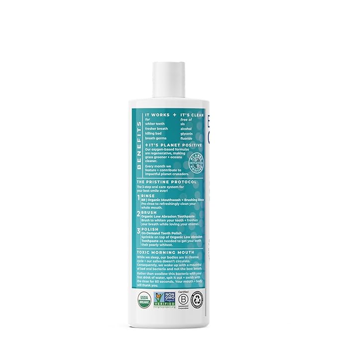 Essential Oxygen Certified BR Organic Brushing Rinse, All Natural Mouthwash for Whiter Teeth, Fresher Breath, and Happier Gums, Alcohol-Free Oral Care, Wintergreen, 16 Ounce