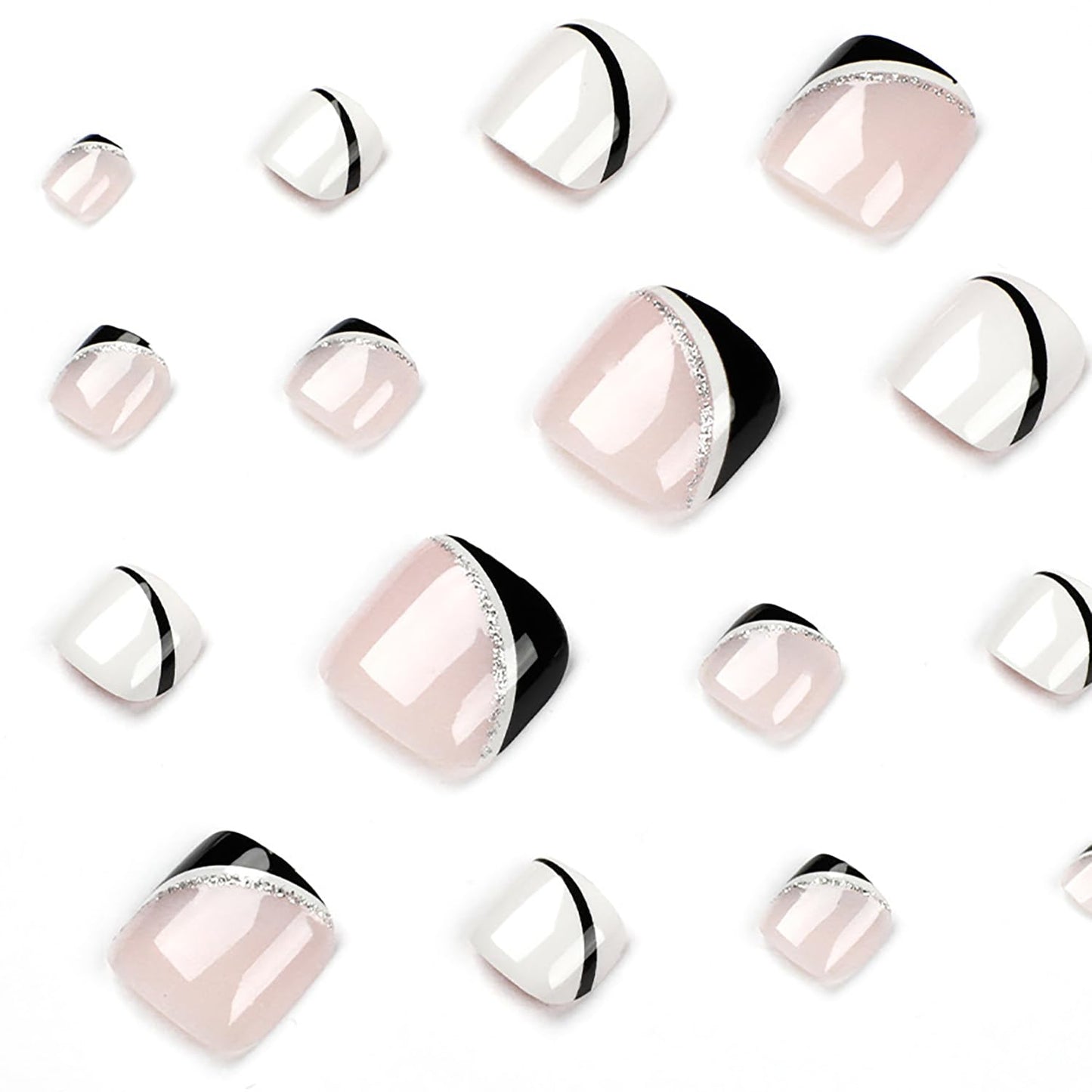 Artificial Acrylic Fake Toenails, Press on Coffin Nails with French Line Designs, Full Cover Reusable False Nails with Glue, Glue on Nails with Charm Stick on Toe Nails for Women(JP1629)