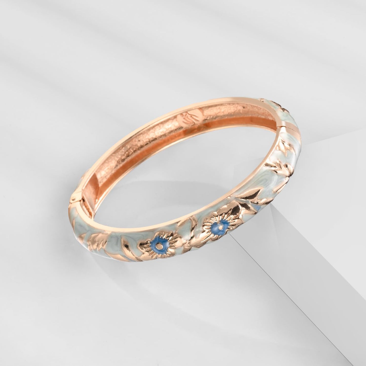 UJOY Enamel Flower Bracelet Colors Rose Plated Spring Cuff Bangle Cloisonne Jewelry for Women 55A103 Light Blue