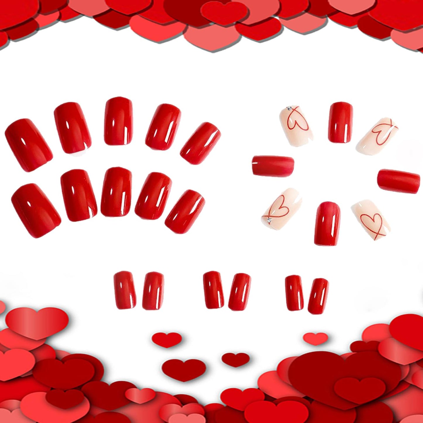 Valentines Press on Nails Short Square Artificial Acrylic False Nails Translucent Red Love with Rhinestones Full Cover Glossy Heart Stick on Nail Artificial Fingernails for Women Festival Manicure