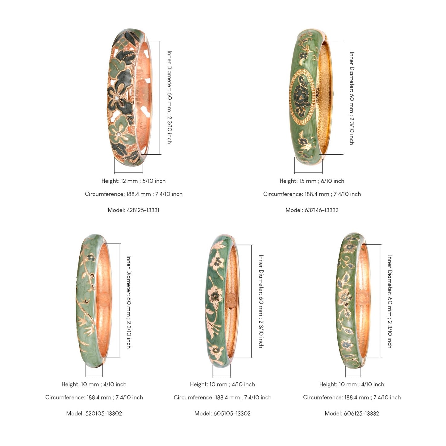 UJOY Bangles 5 Pcs Enamel Jewelry Set Rose Flower Engraved Cloisonne Bracelets Pack in a Box 5PCS Green