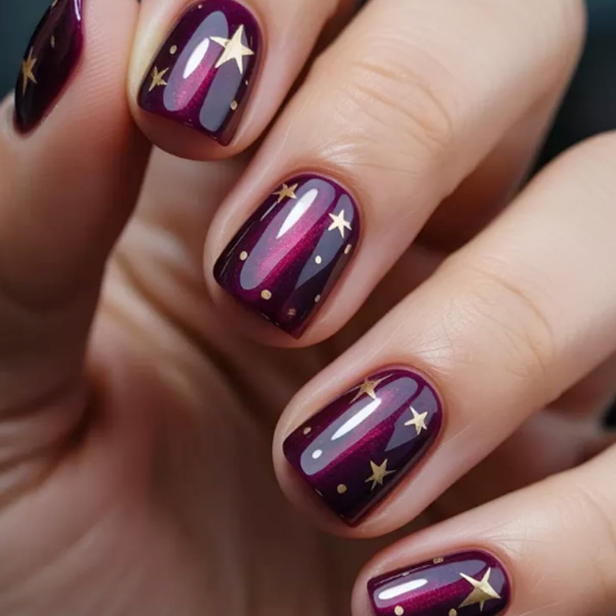 Purple Press on Nails Cat Eyes Short Square Ombre Nails press ons Polka Dot Fake Nails with Gold Star Designs Spring Summer Nails Tips Full Cover Acrylic Reusable Fingernails Stick on Nails for Women