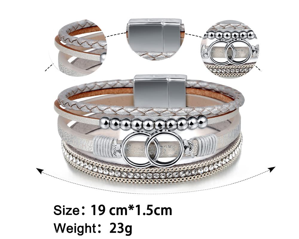 Leopard Bracelet for Women, Boho Leather Wrap Multi-Layer Pearl Crystal Bracelet Bangle Jewelry (Double Circle)