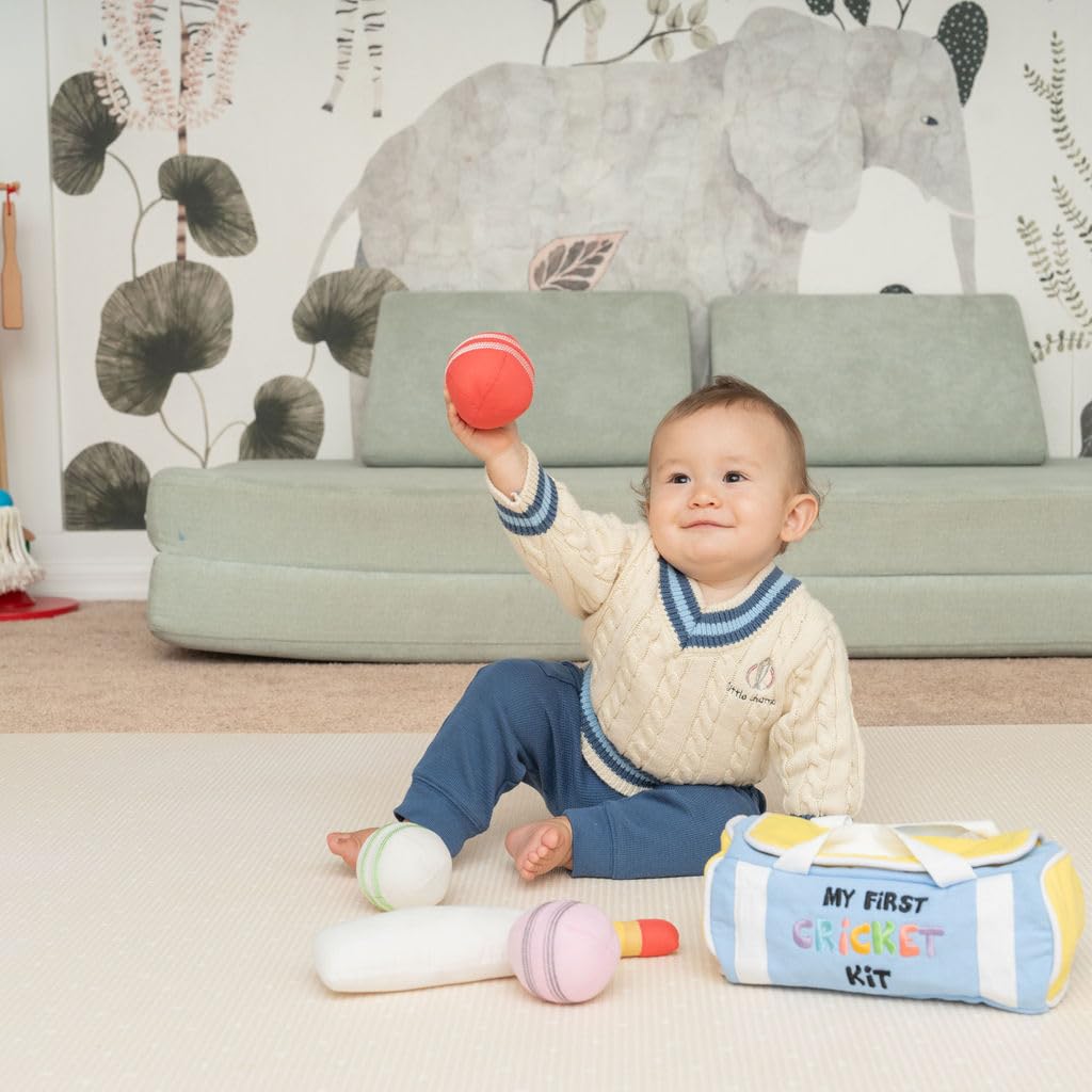 My First Cricket Kit | Mini Cotton Soft Plush Toy | Gift 0 to 18 Months Baby | 3 Soft Sensory Cricket Balls – Rattle, Crinkle, Squeaker & 1 Rainbow Rattle Cricket Bat | Safe, Fun, Educational
