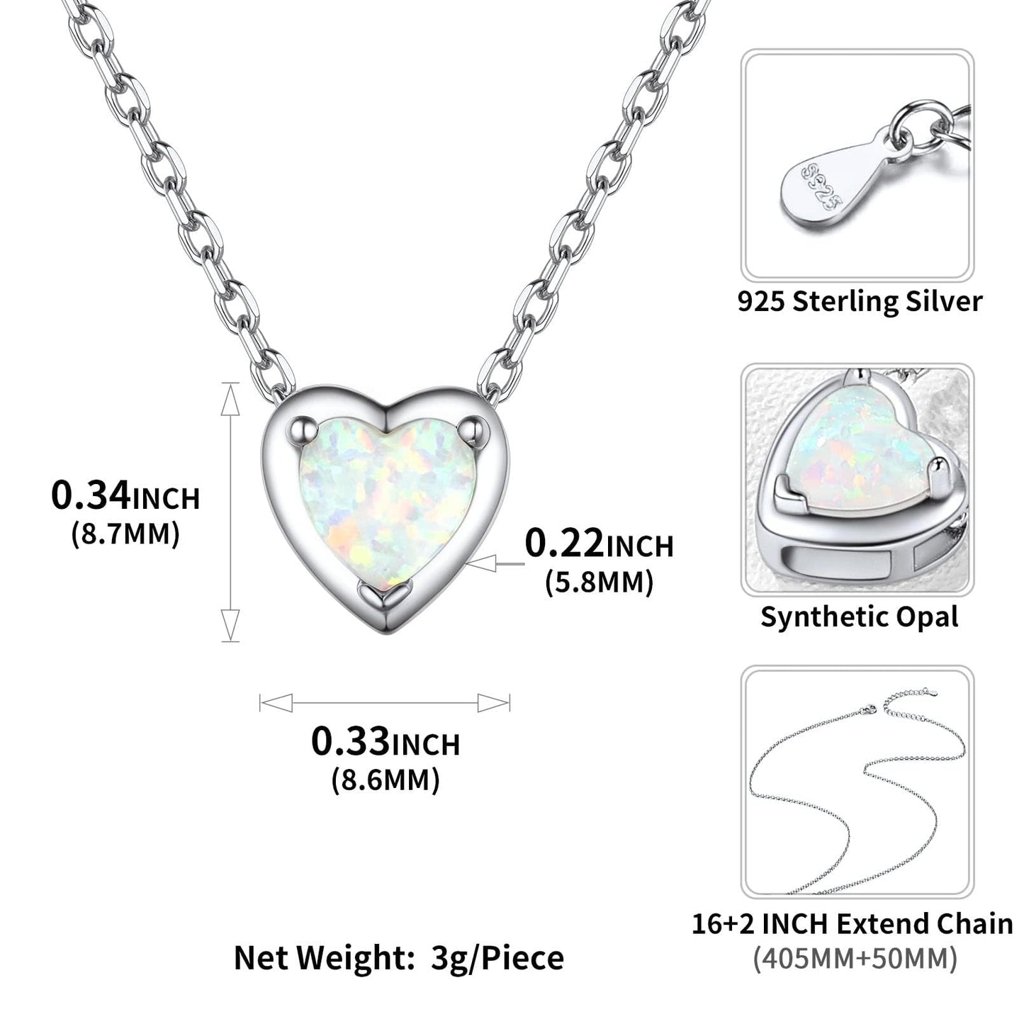 ChicSilver Opal Jewelry 925 Sterling Silver Created White Opal Heart Pendant Necklace for Women