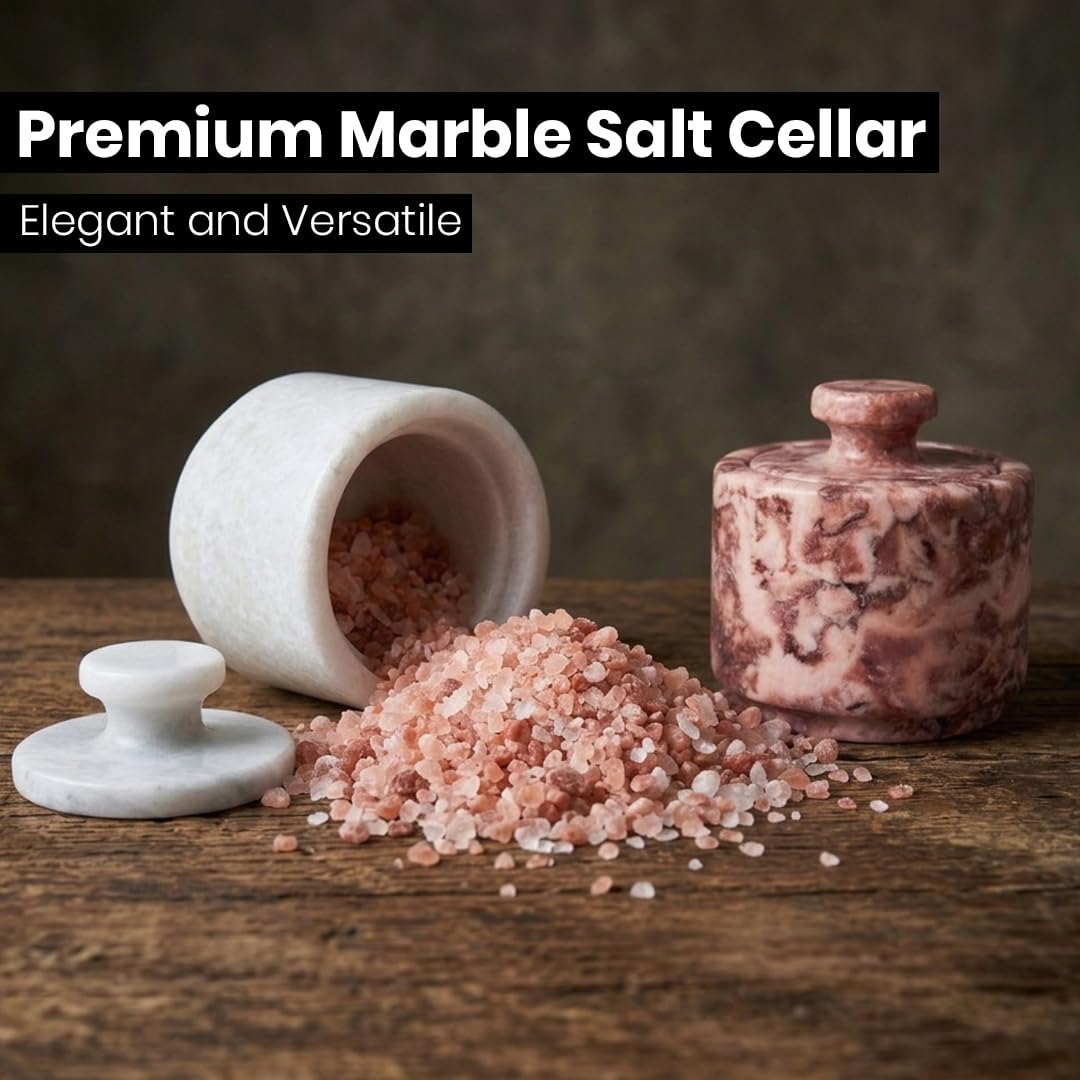 OceanicX Marble Salt Cellar with Lid, 3.5 oz Capacity, Kitchen Counter Storage Container (White Strawberry Pink)