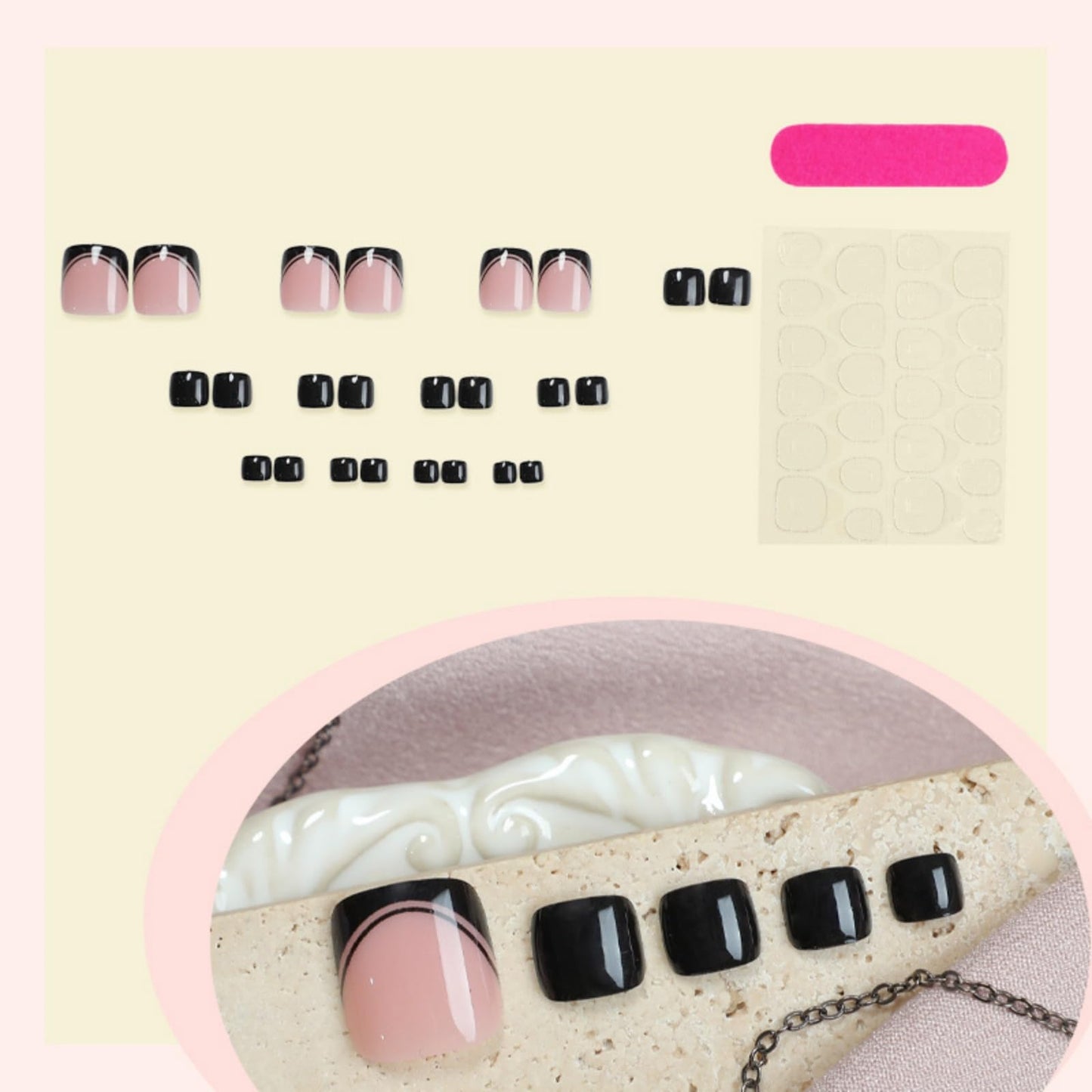 Black French Press on Toenails Short Square Fake Toe Nails Summer False Toenails Glossy Full Cover Acrylic Glue on Toenails Shiny Artificial Stick on Toenails for Women Manicure 24 Pcs