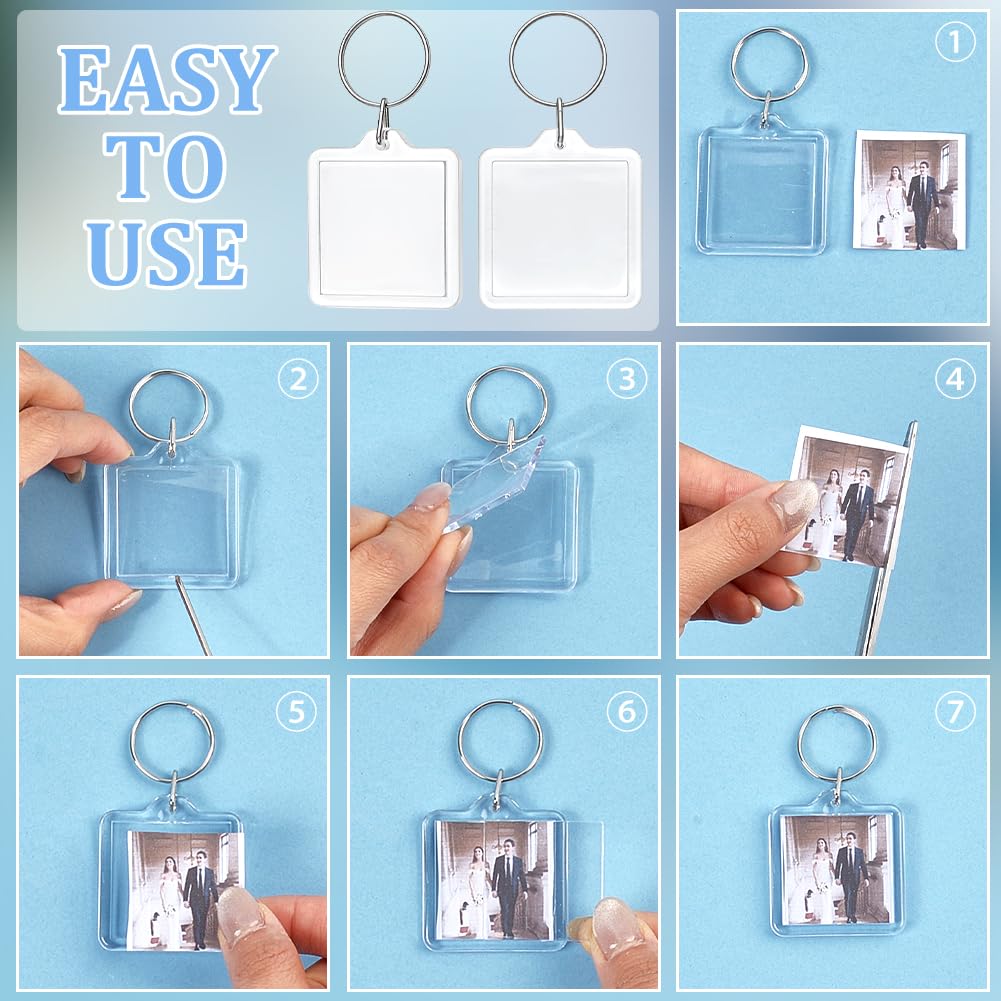 PH PandaHall Blank Photo Insert Keychains, 30 Sets Acrylic Photo Snap in Keychain 1.3 Inch Square Custom Blank Photo Keyring DIY Picture Frames for Double-Sided Photos, Clear