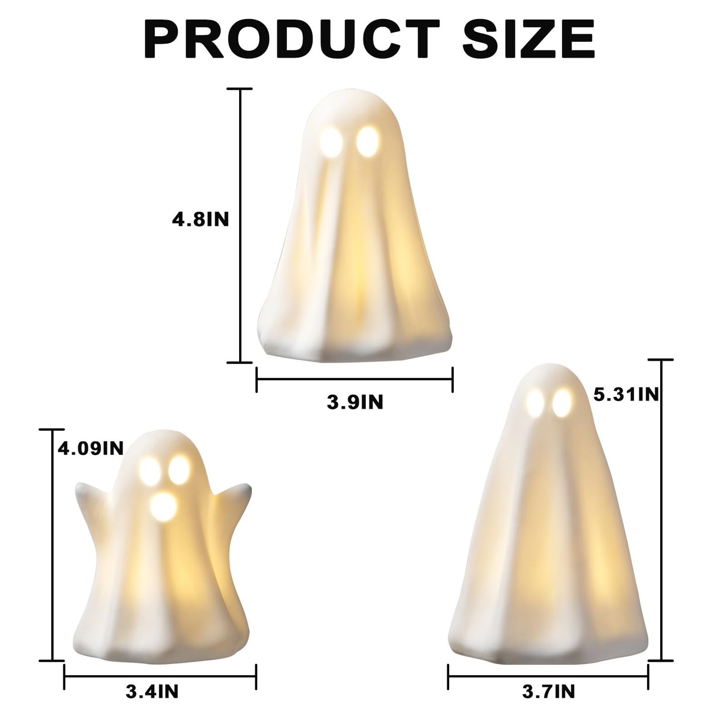 Light Up Ghost Halloween Decor - 3 Pack Ceramic White Ghost Figurines - Indoor, Table, Tray