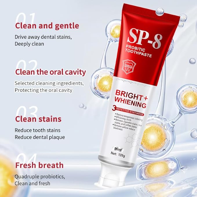 SP-8 Probiotics Whitening Toothpaste - Probiotics for Teeth Whitening and Gum Health - Enamel-Safe, Fluoride-Free, Double Mint Flavor,Fresh Breath-4pcs