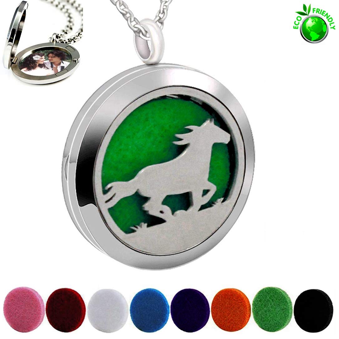 Popeoiuh Essential Oil Diffuser Necklace,Perfume Stainless Steel Aromatherapy Horse Locket Pendant with 24" Chain & 8 Pads, Birthday Christmas Jewelry Gift for Women Men