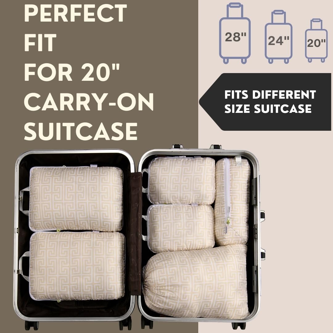 Vatalife Compression Packing Cubes for Travel 6PC Set - Suitcase Organizer & Space Saver Bags for Carry On Luggage with Drawstring Backpack Beige Boho