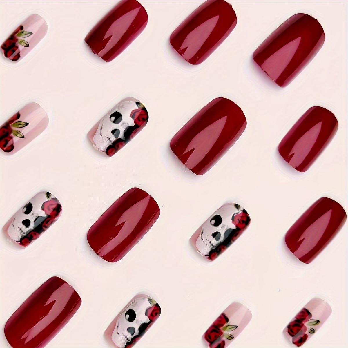 Short Square Press on Nails Halloween Skull Press on Nails Wine Red Flower False Nails Full Cover Glossy Stick on Nails Halloween Reusable Acrylic Nails for Women Girls 24Pcs