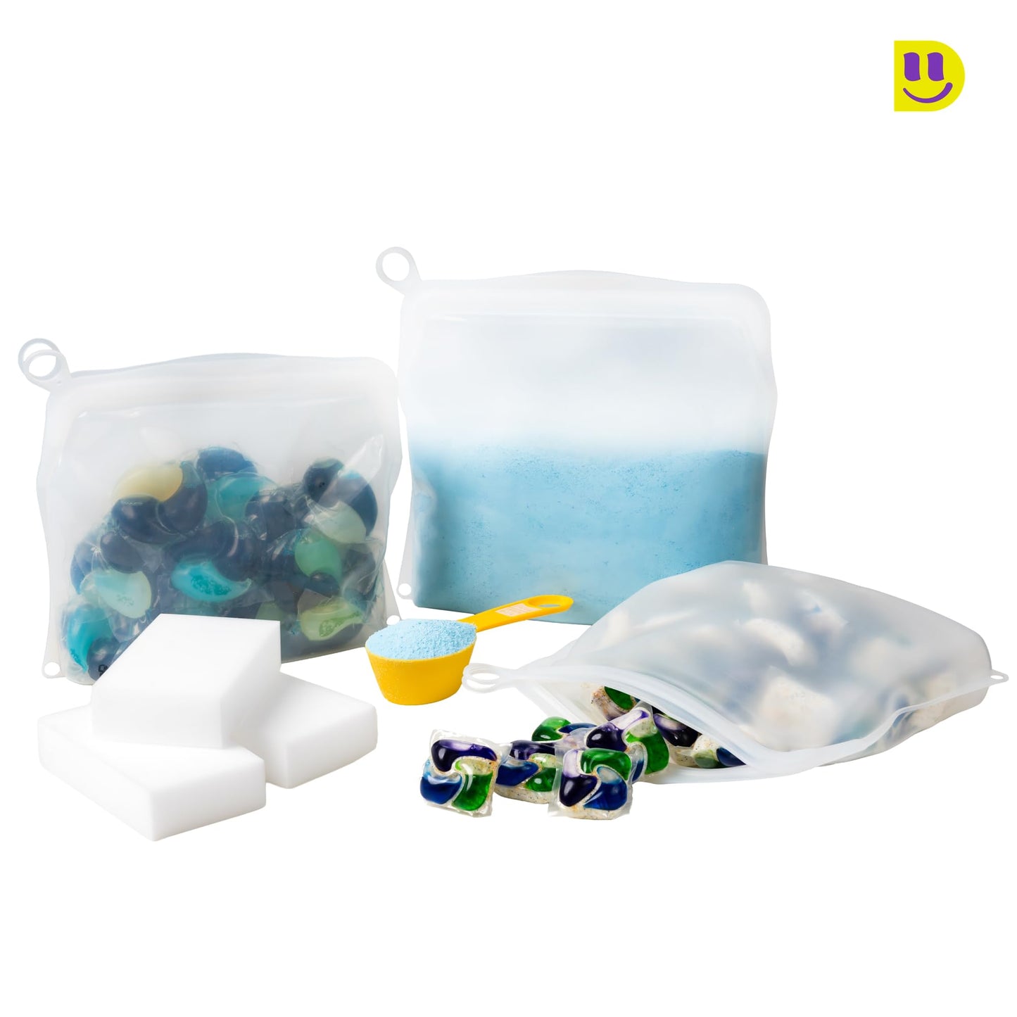 DETOIITO [3 Pack] Reusable Silicone Bags + Measuring Spoons Set - Large, Medium, Small Stand Up Food Storage - Leakproof, BPA Free, Dishwasher & Microwave Safe. Thoughtful Mother's Day Kitchen Gift
