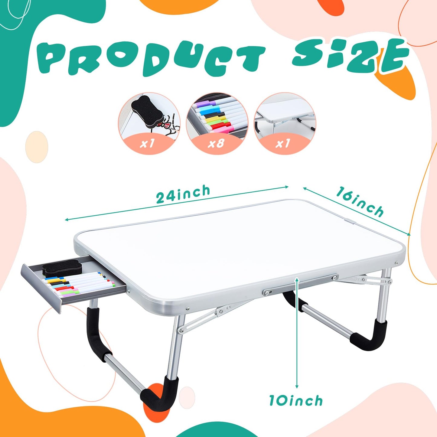 Suzile 1 Pc Portable Lap Desk with Dry Erase Board, Foldable Bed Tray Table with Storage Drawer, Markers & Eraser, Whiteboard Writing Surface for Couch, Sofa, Drawing, Writing, Home Office