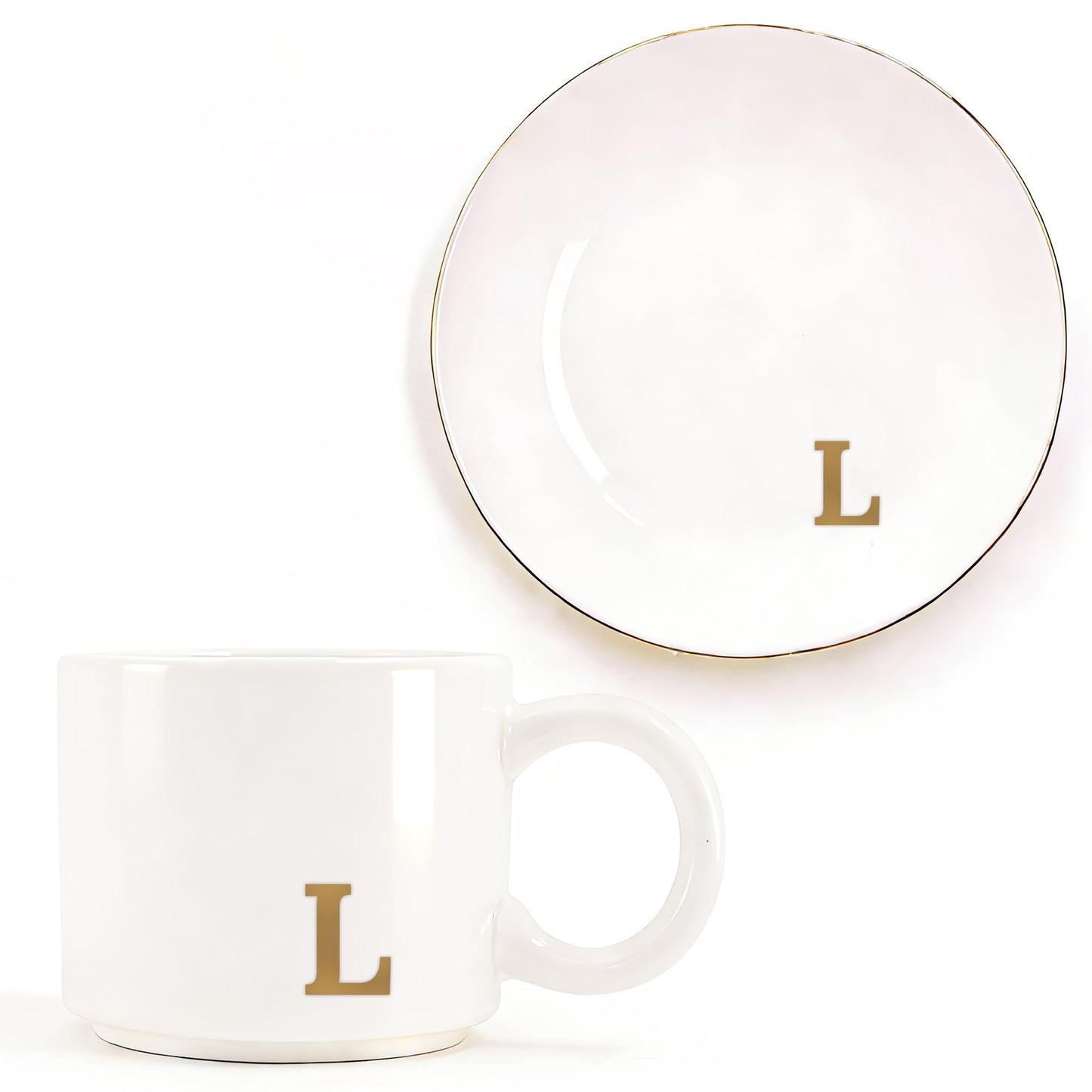 RainVibe Elegant Gift Set for Women – Personalized Monogram Ceramic Mug & Jewelry Tray – 12 oz Gold-Initial Coffee Cup with Gift Box, 4.75" Decorative Dish for Rings, Earrings, Keys (Letter L)