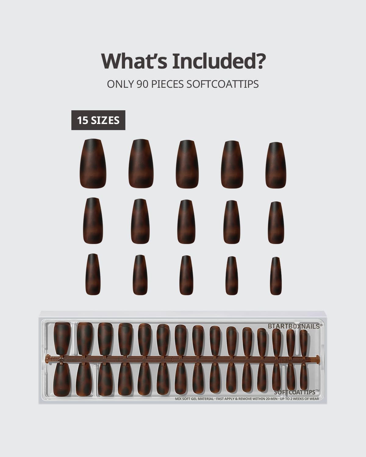 BTArtboxnails SOFTCOATTIPS Press On Nails - Tortoiseshell Coffin Press On Nails Medium, 90Pcs Salon Quality Soak Off Soft Gel Nail Tips in 15 Sizes