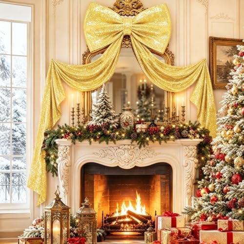 Giant Bow for Christmas Tree Gold Sequin Bows Decor 75 x 23 Inch 3D Oversized Bow Large Sparkly Bows for Christmas with Long Ribbon for Xmas Tree Topper Accent Home Wreath Wall Backdrop Party