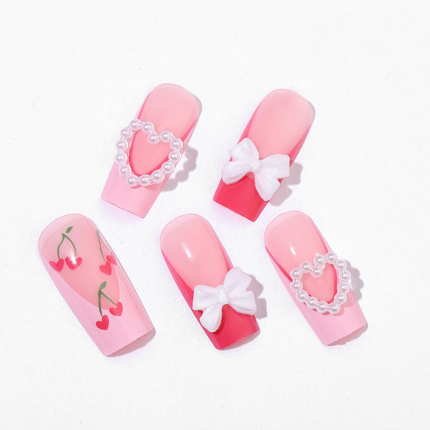 IMSOHOT Pink French Tips Press on Nails Medium Square Cherry Fake Nails Full Cover Squoval Acrylic Glossy Glue on False Nails with Cute Pearl Bow Designs