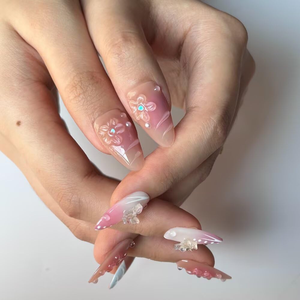 Handmade Press on Nails Medium Almond Blue French Tip False Nails with 3D Pearl Design Stick on Nails Pink Artificial Nail Full Cover Glue on Nails for Women DIY 10 Pcs (Size M）