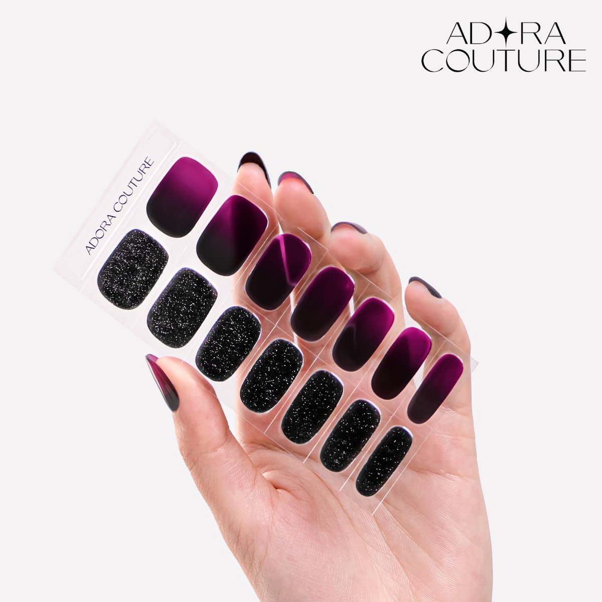 Adora Couture Semi Cured Gel Nail Strips with 30 Pieces - Salon Quality Manicure Kit for Women Easy Application Wraps Includes Prep Pads Nail File Wooden Stick, UV Light Required (Purple LA)